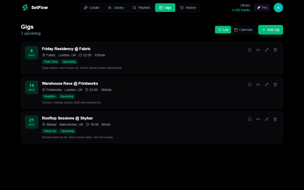 Gig calendar with upcoming performances at Fabric, Printworks, and Skybar — venues, time slots, and set notes at a glance