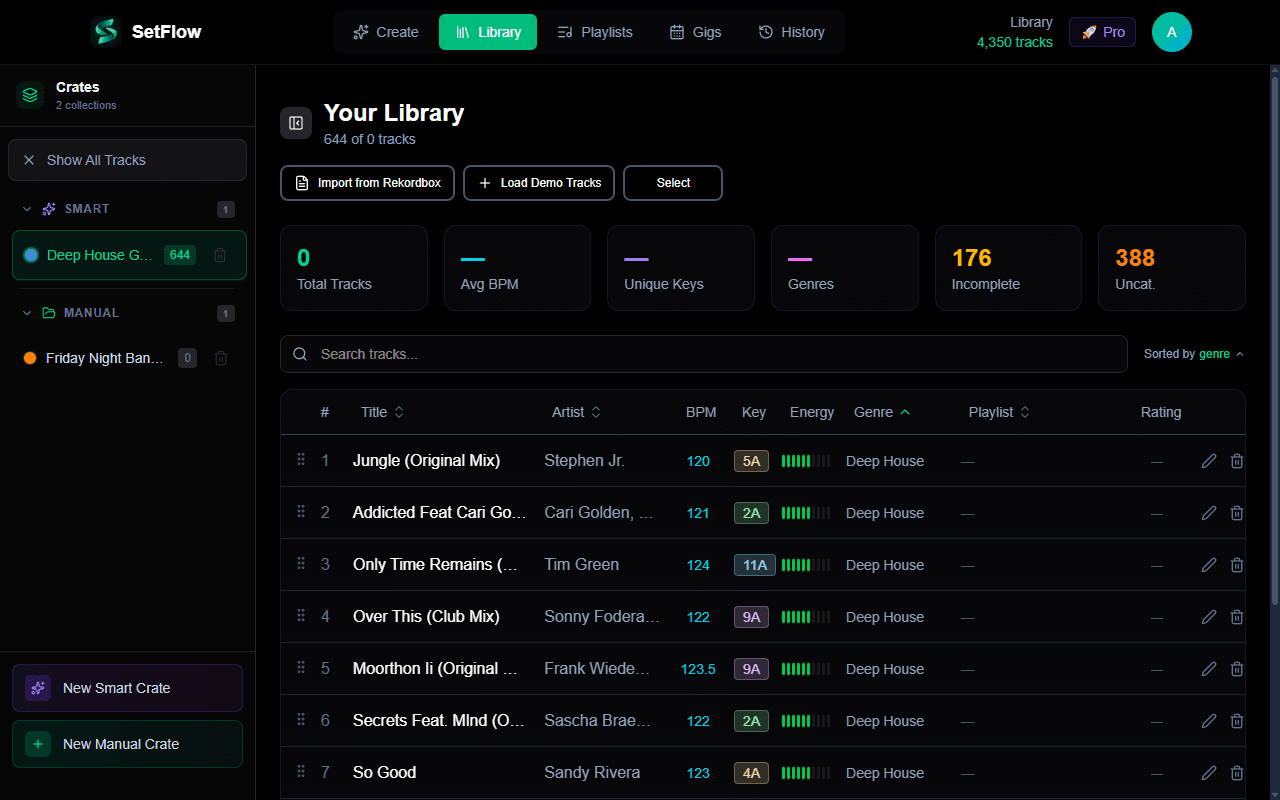 Track library with smart crate filtering, BPM, Camelot keys, energy bars, and drag-to-crate organisation