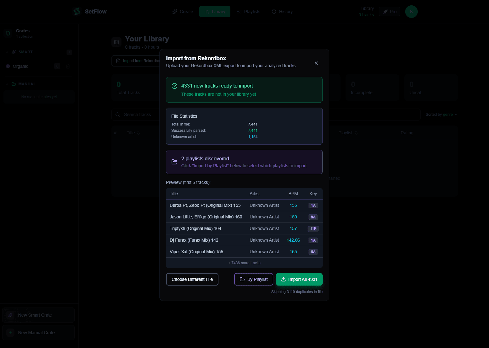 Rekordbox XML import with track preview, file statistics, and playlist discovery