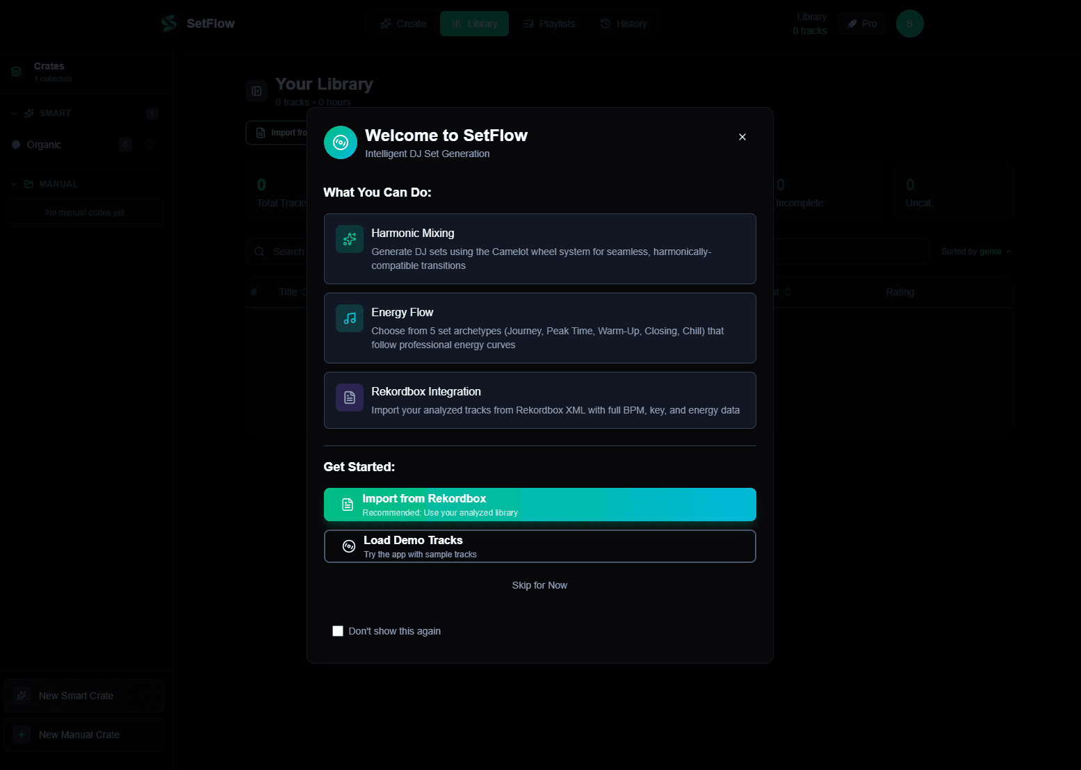 Welcome screen with onboarding guide, feature overview, and quick-start options