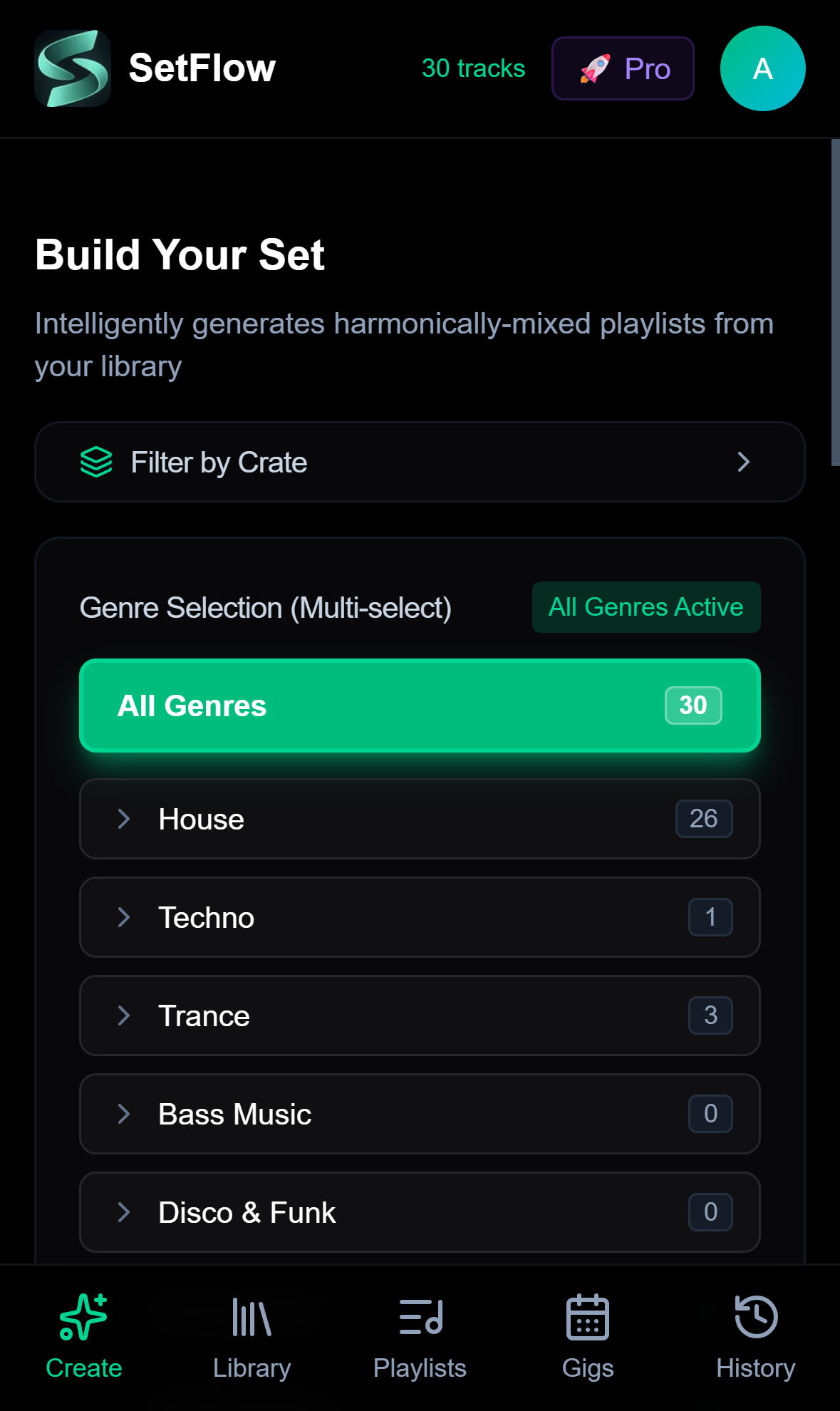 SetFlow create page on mobile showing genre selection with House, Techno, Trance, and more
