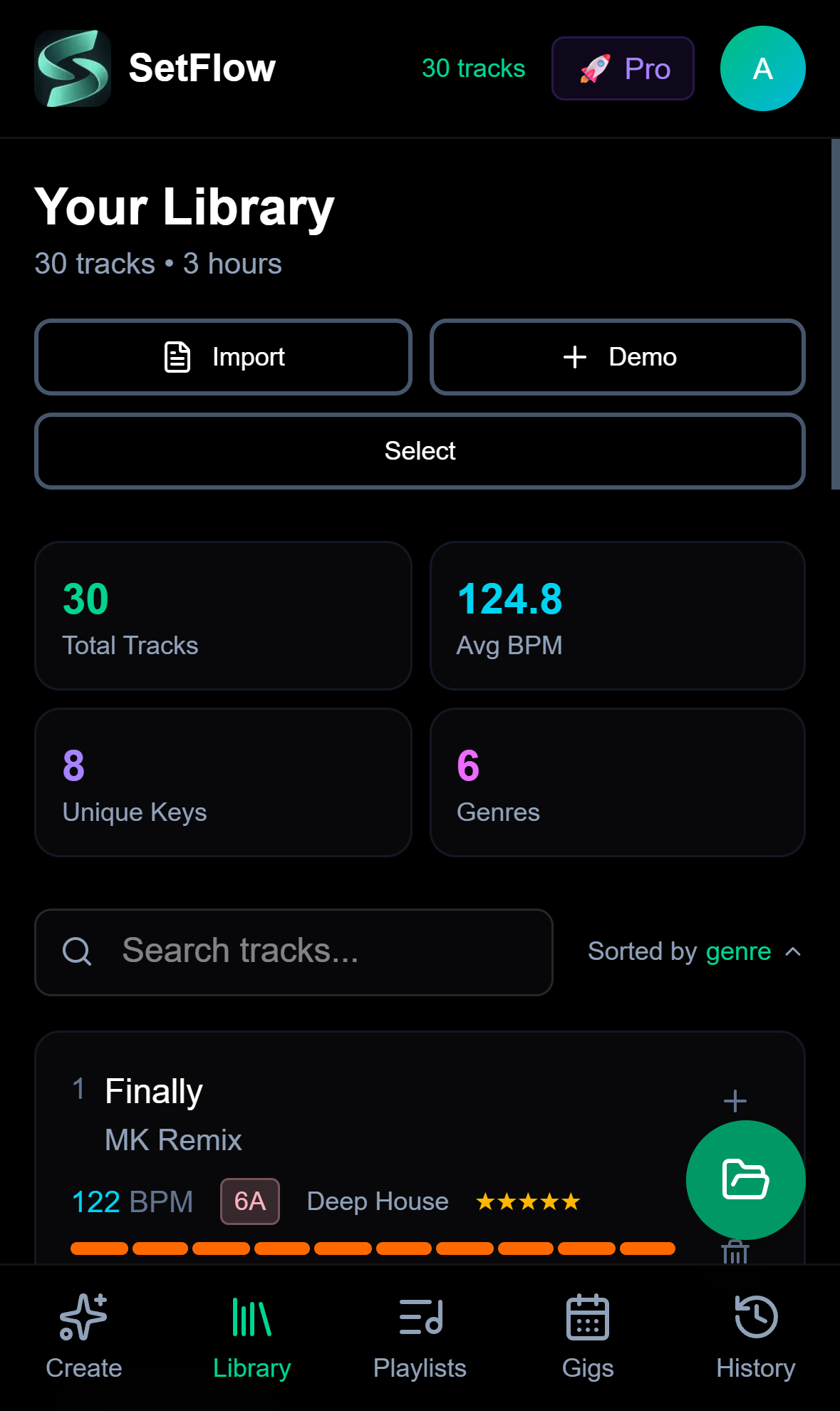 SetFlow library on mobile showing 30 tracks, average BPM, unique keys, genres, and a track list with energy bars