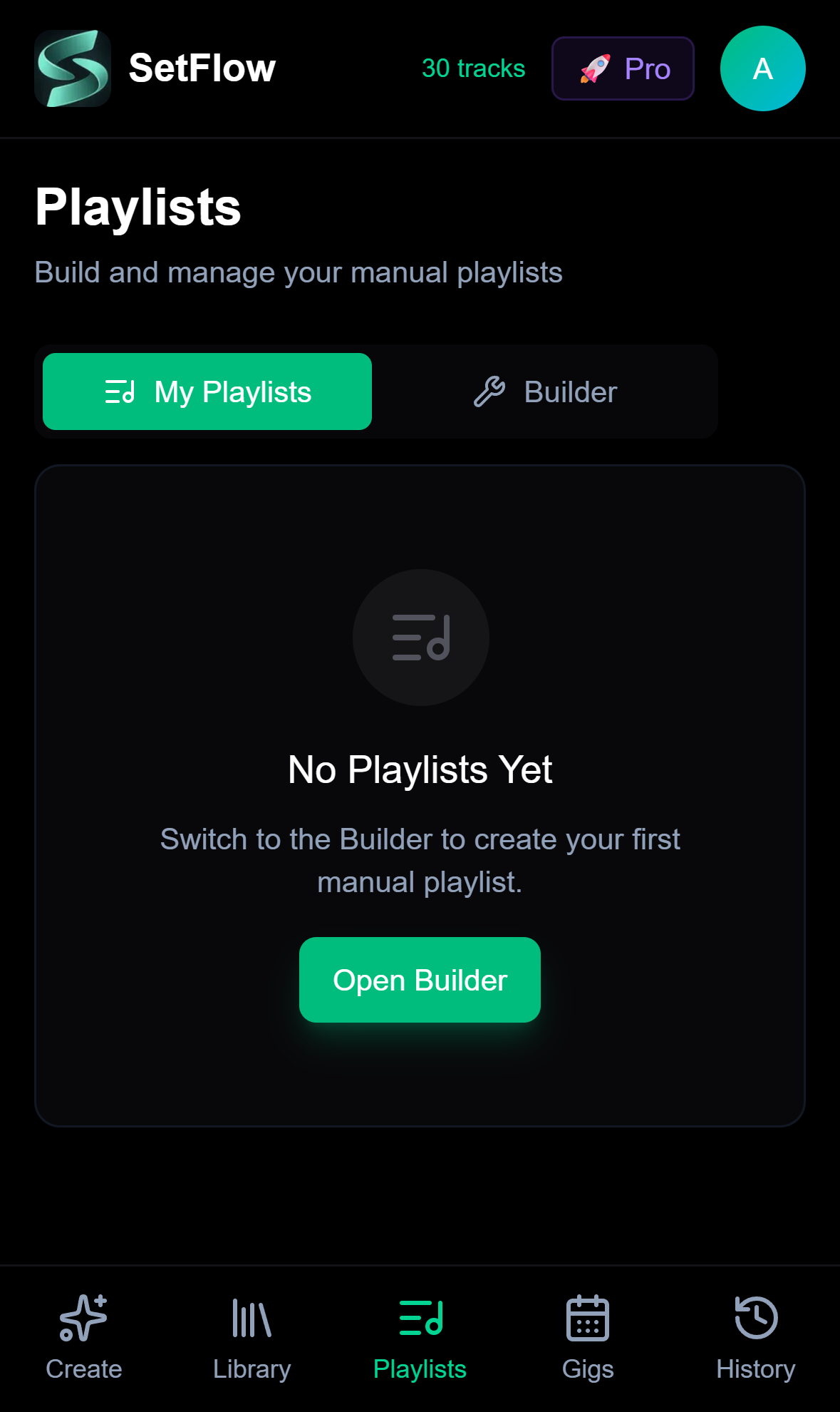 SetFlow playlists page on mobile with My Playlists and Builder tabs